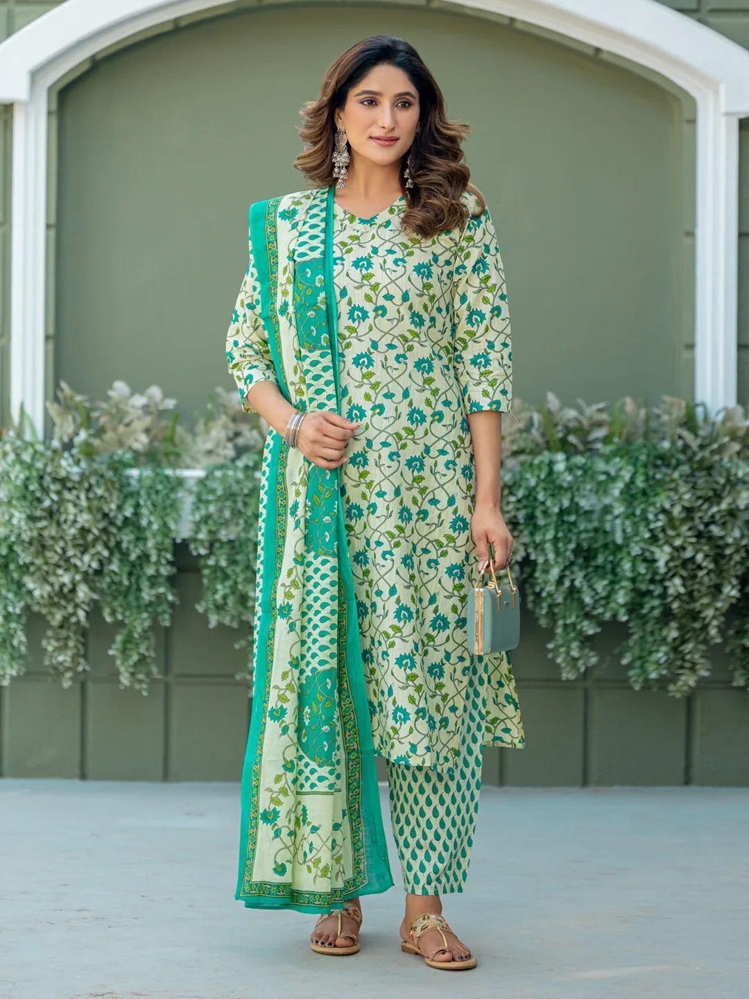 Design 2029 Pista Cotton Blend Kurti Pant Dupatta - Design Number 1