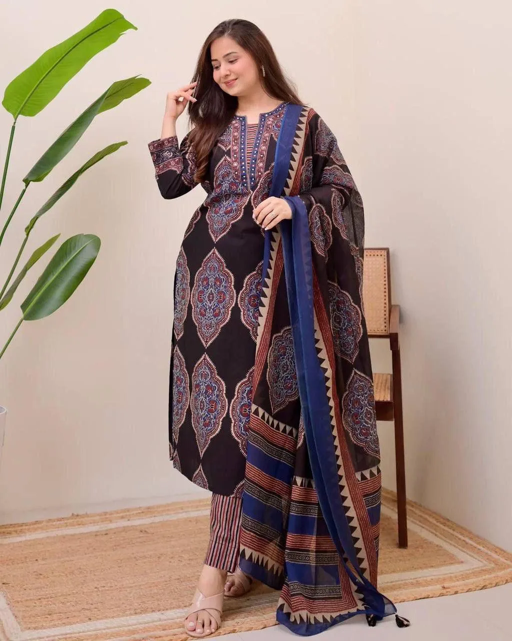 Nack Sequence Work Kurti Pant Dupatta Set in 3 Colors - Design Number 1