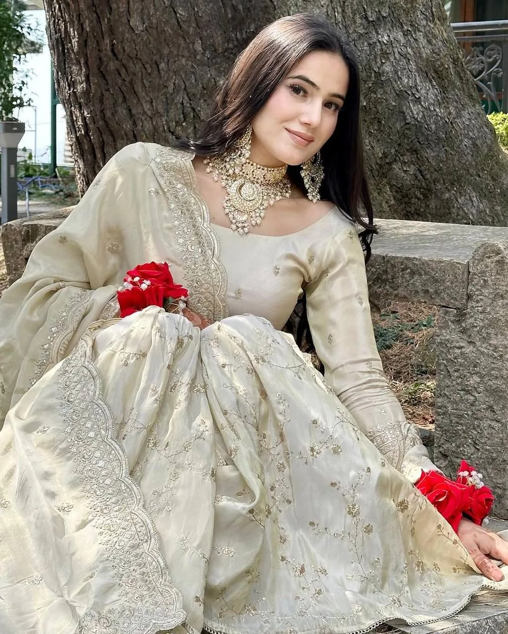 SRK-5172 Eid Collection Pure Chinnon Heavy Embroidery Sequence Work Top Gharara Dupatta Set - Design Number 1