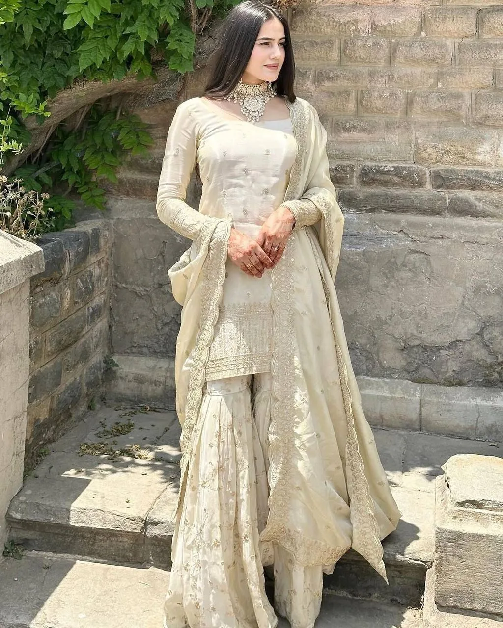 SRK-5172 Eid Collection Pure Chinnon Heavy Embroidery Sequence Work Top Gharara Dupatta Set - Design Number 2