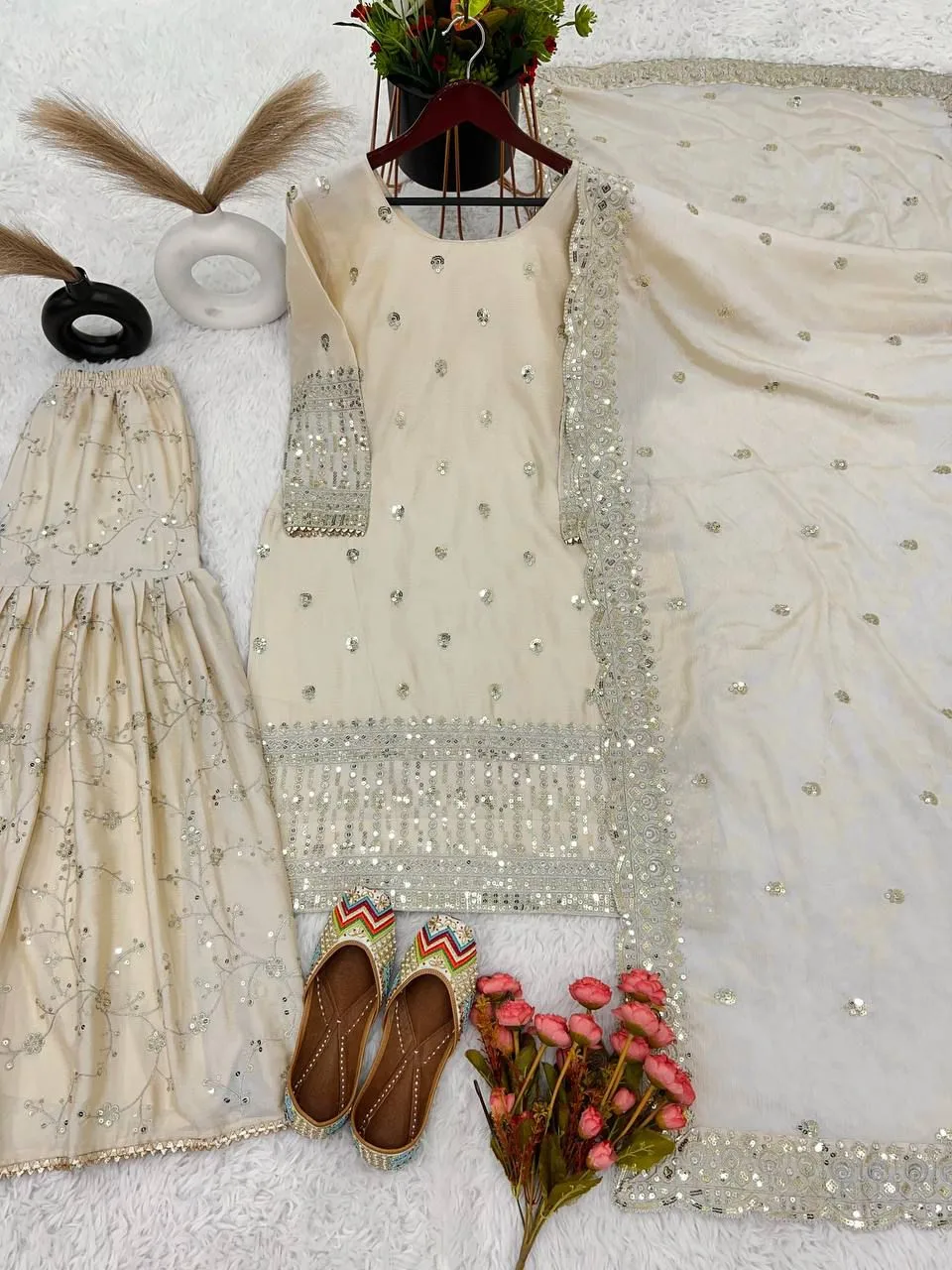 SRK-5172 Eid Collection Pure Chinnon Heavy Embroidery Sequence Work Top Gharara Dupatta Set - Design Number 3
