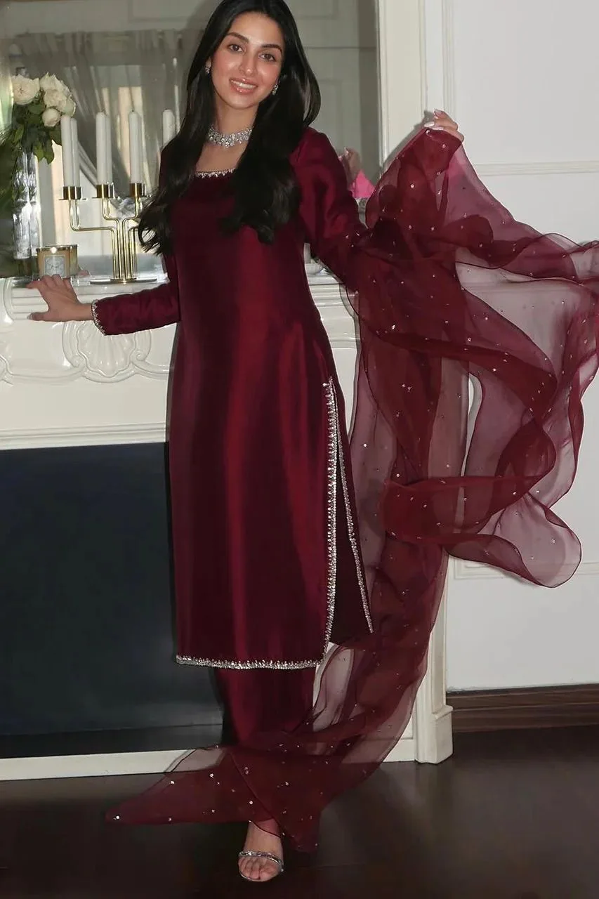 SRK-5265 jimmy choo Silk Embroidered Sequence Work Top-Bottom Dupatta Set - Design Number 1