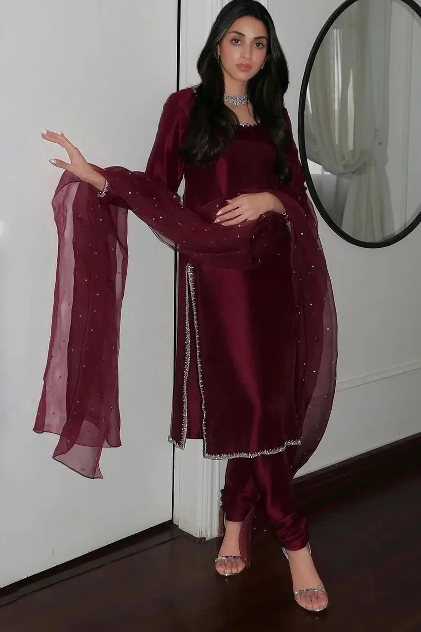 SRK-5265 jimmy choo Silk Embroidered Sequence Work Top-Bottom Dupatta Set - Design Number 2