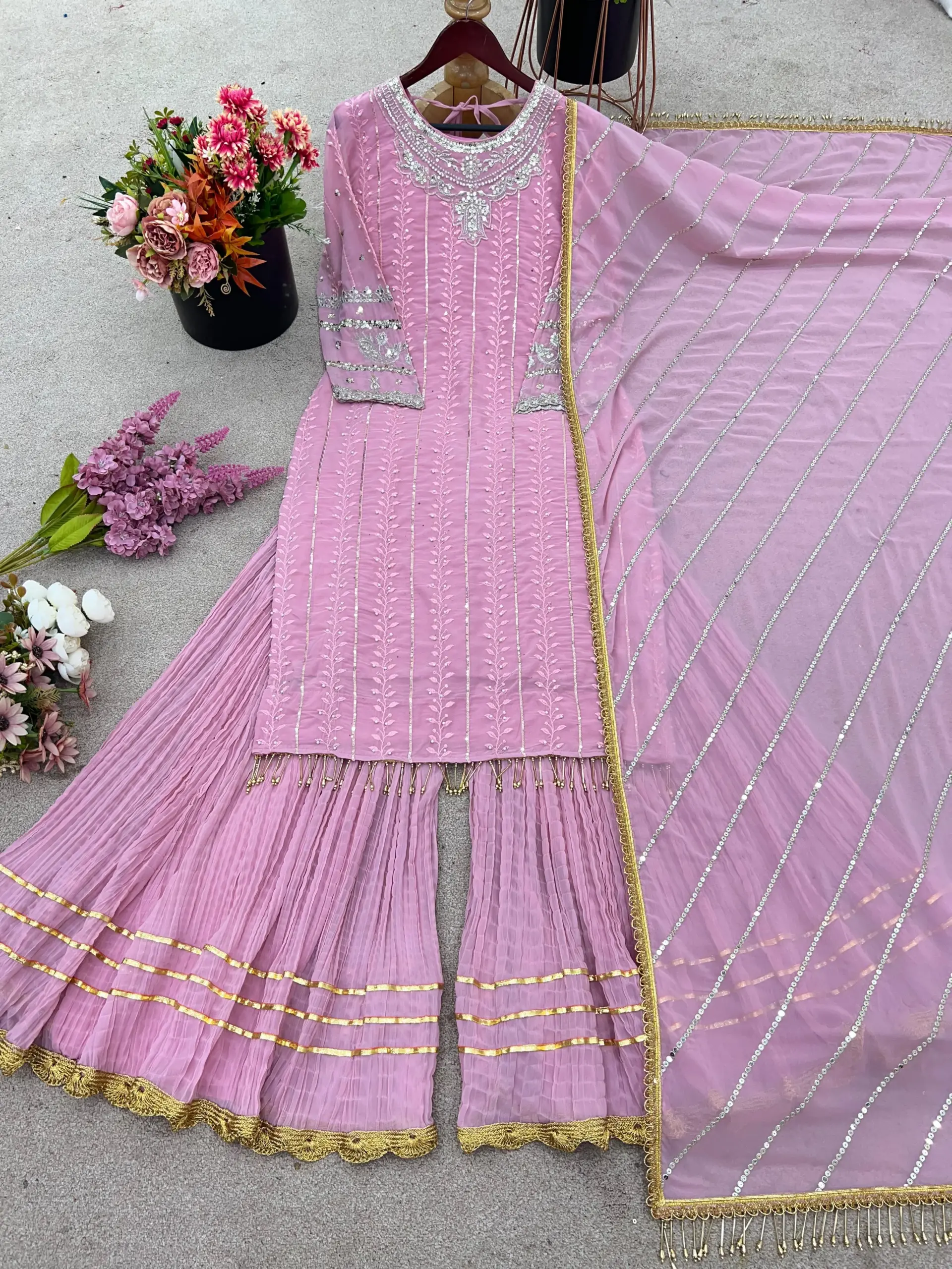 SRK-5276 Designer Collection Faux Georgette Heavy Embroidery Sequence Work Top-Bottom And Dupatta Set - Design Number 4
