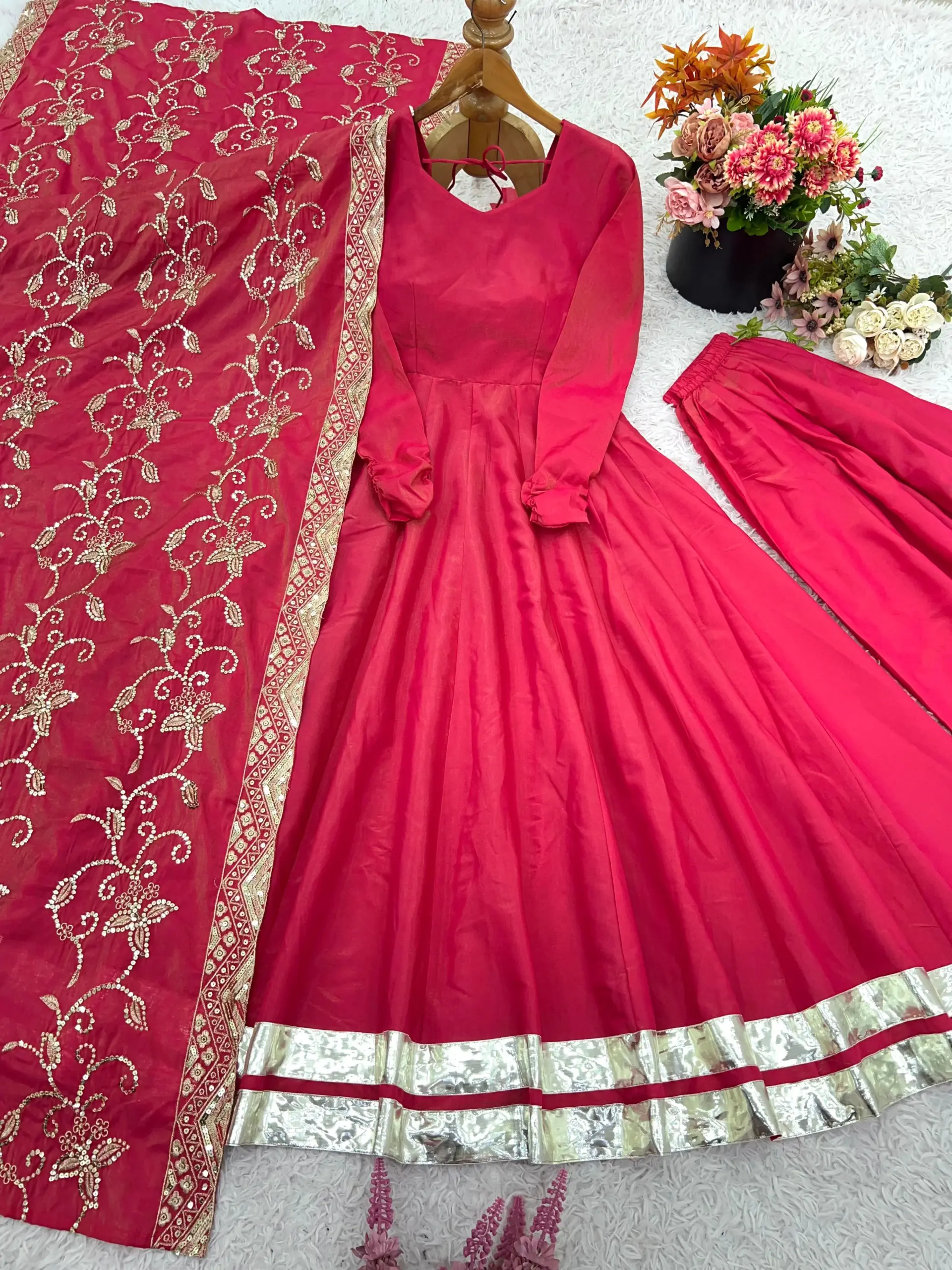 SRK-5289 Roman Simmer Silk Embroidered Gown Set - Design Number 3