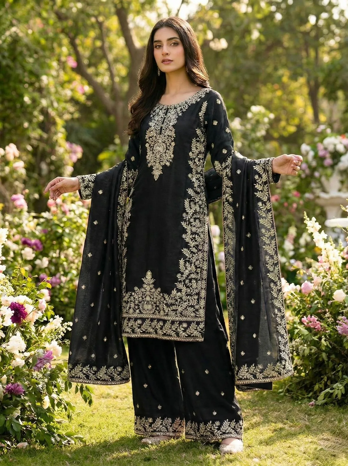 SRK-5316 GMY SILK Heavy Embroidery Sequence Work Top-Bottom Dupatta Set - Design Number 1