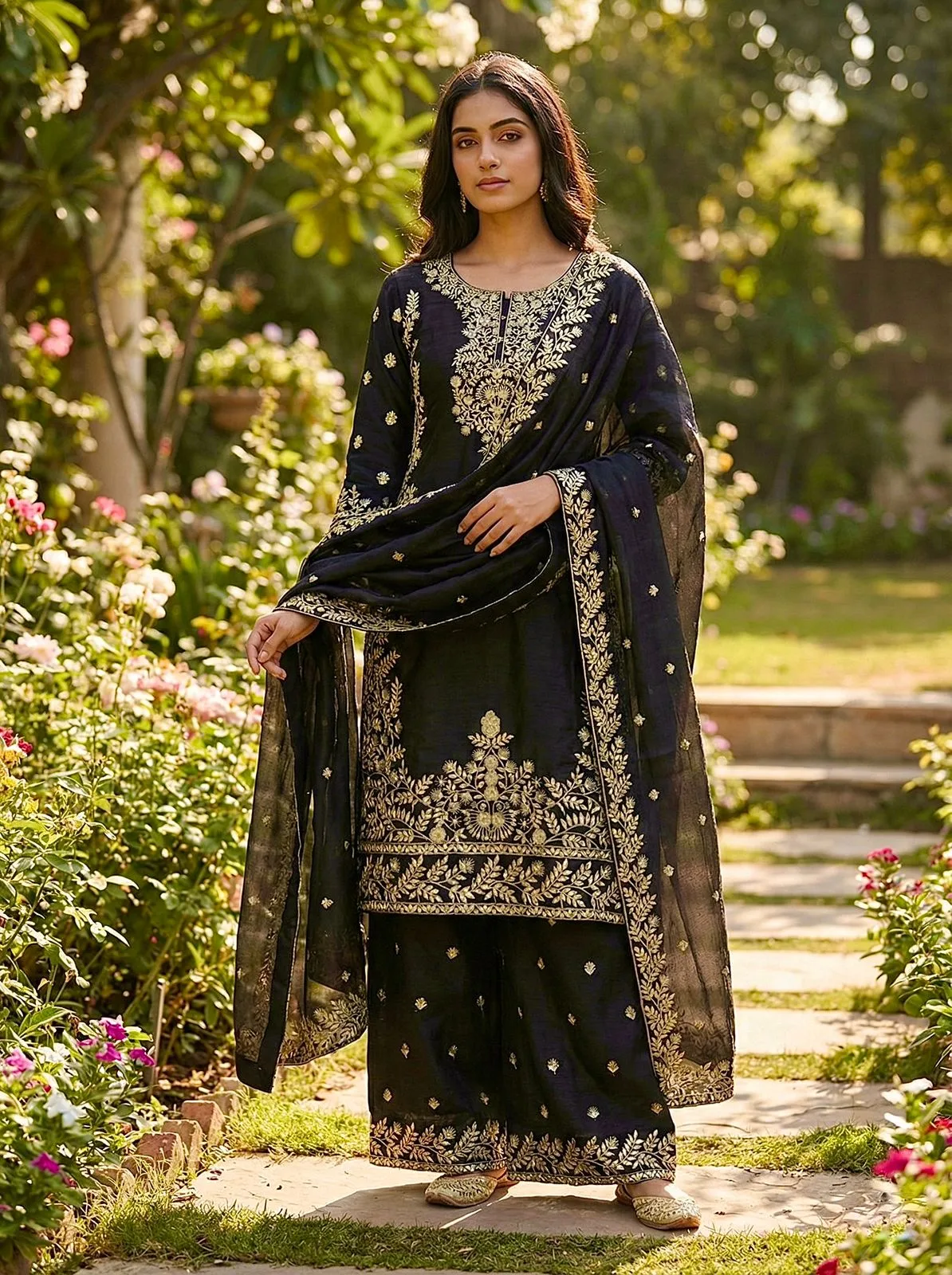 SRK-5316 GMY SILK Heavy Embroidery Sequence Work Top-Bottom Dupatta Set - Design Number 2