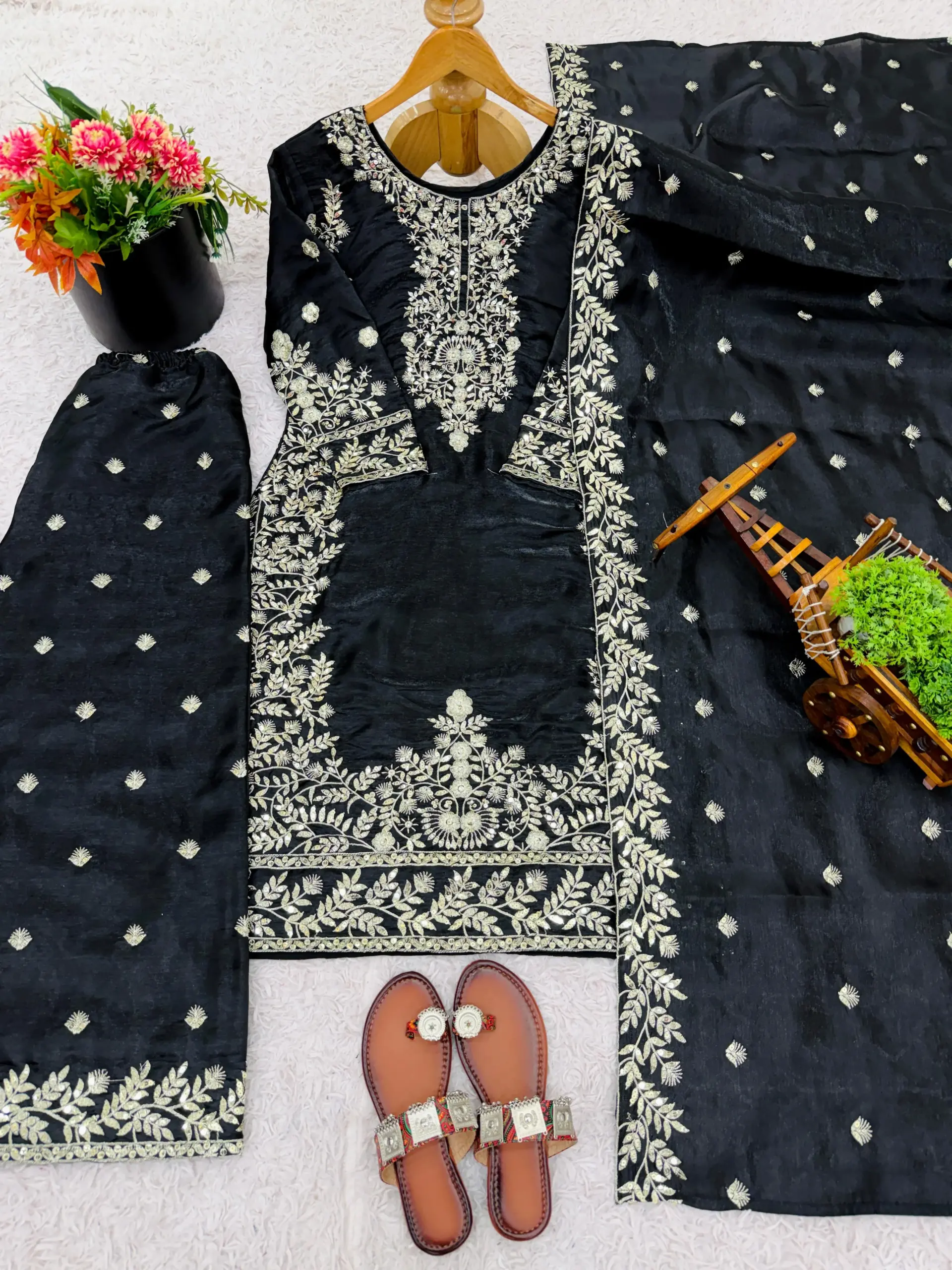SRK-5316 GMY SILK Heavy Embroidery Sequence Work Top-Bottom Dupatta Set - Design Number 3