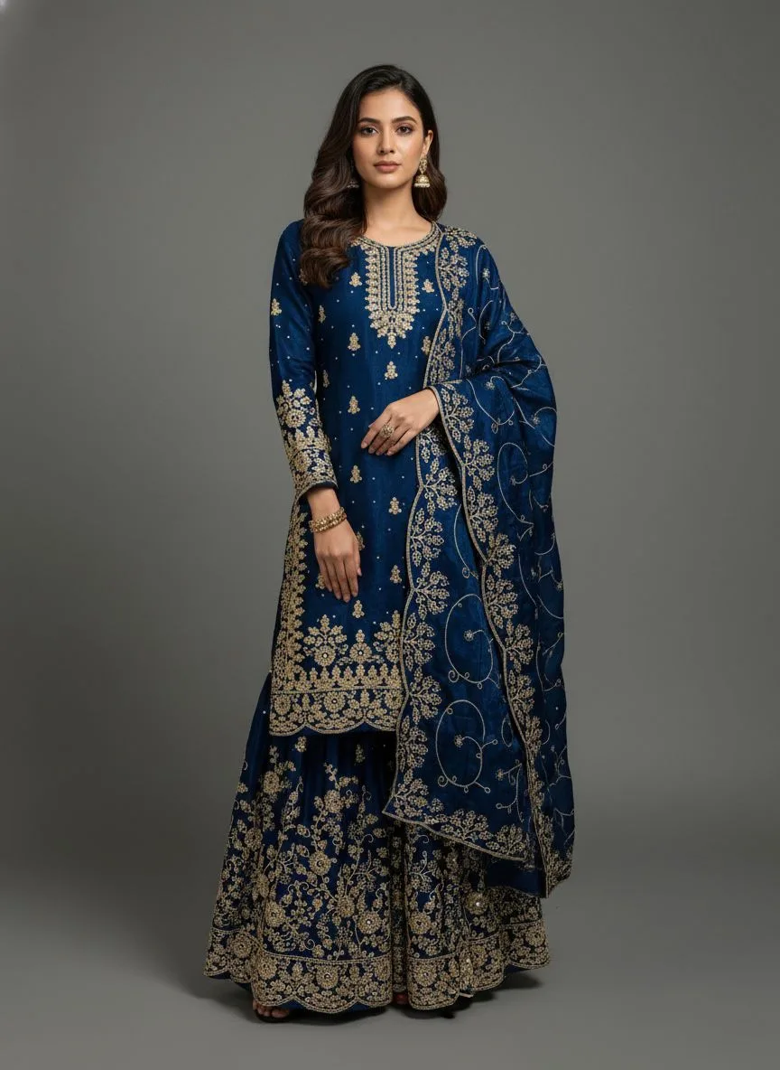 SRK-5319 GMY SILK Heavy Embroidery Sequence Work Top-Bottom Dupatta Set - Design Number 1