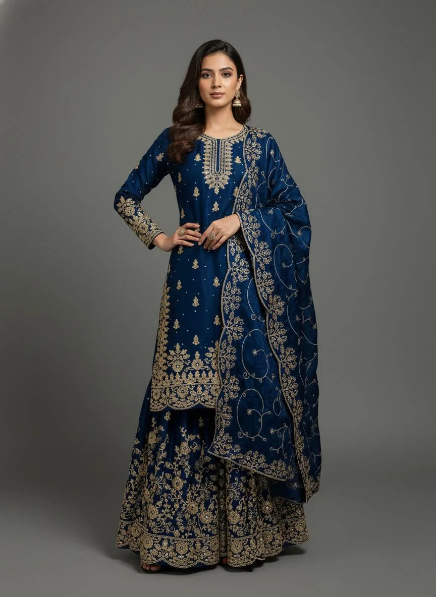 SRK-5319 GMY SILK Heavy Embroidery Sequence Work Top-Bottom Dupatta Set - Design Number 2