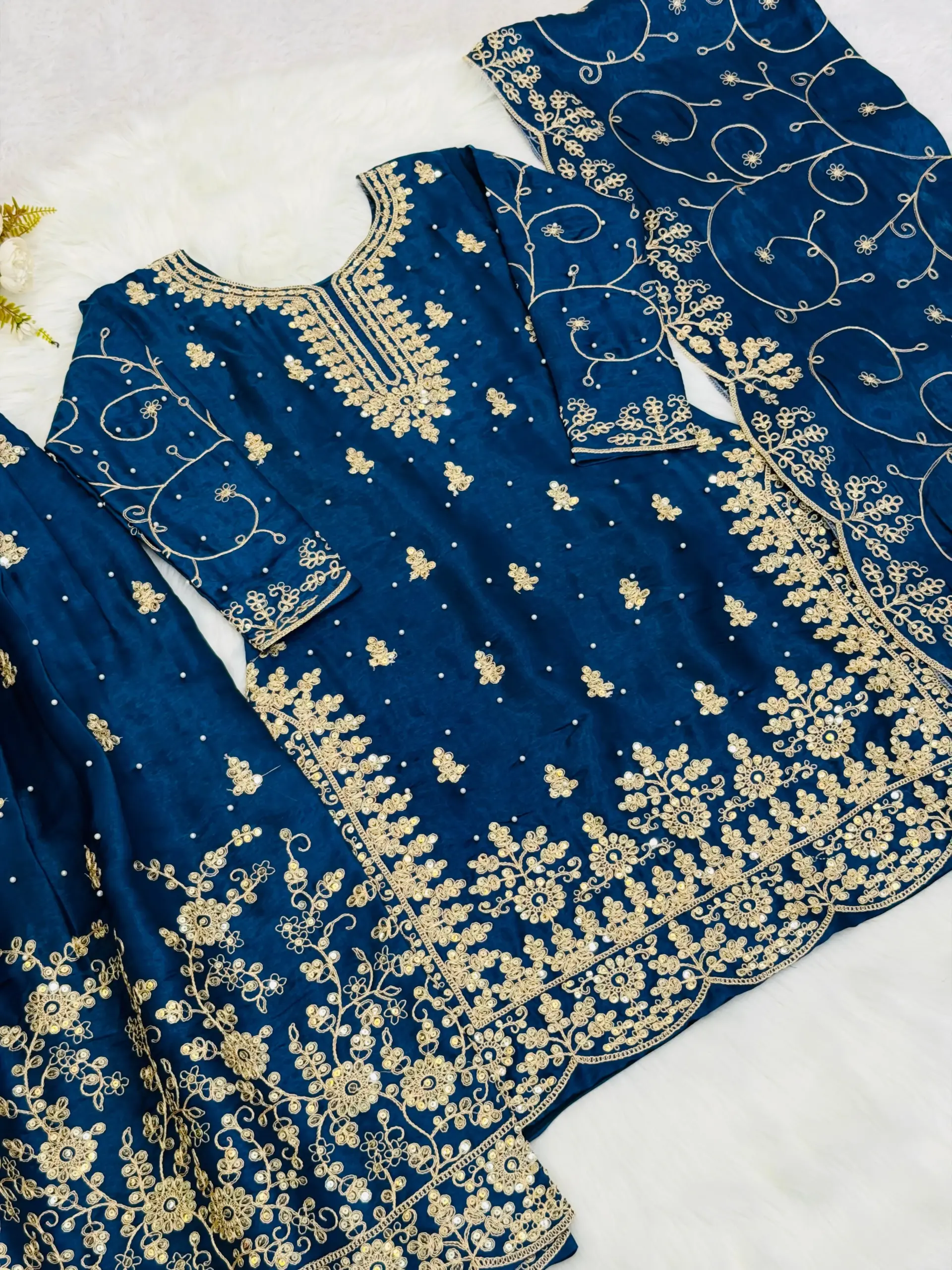 SRK-5319 GMY SILK Heavy Embroidery Sequence Work Top-Bottom Dupatta Set - Design Number 3