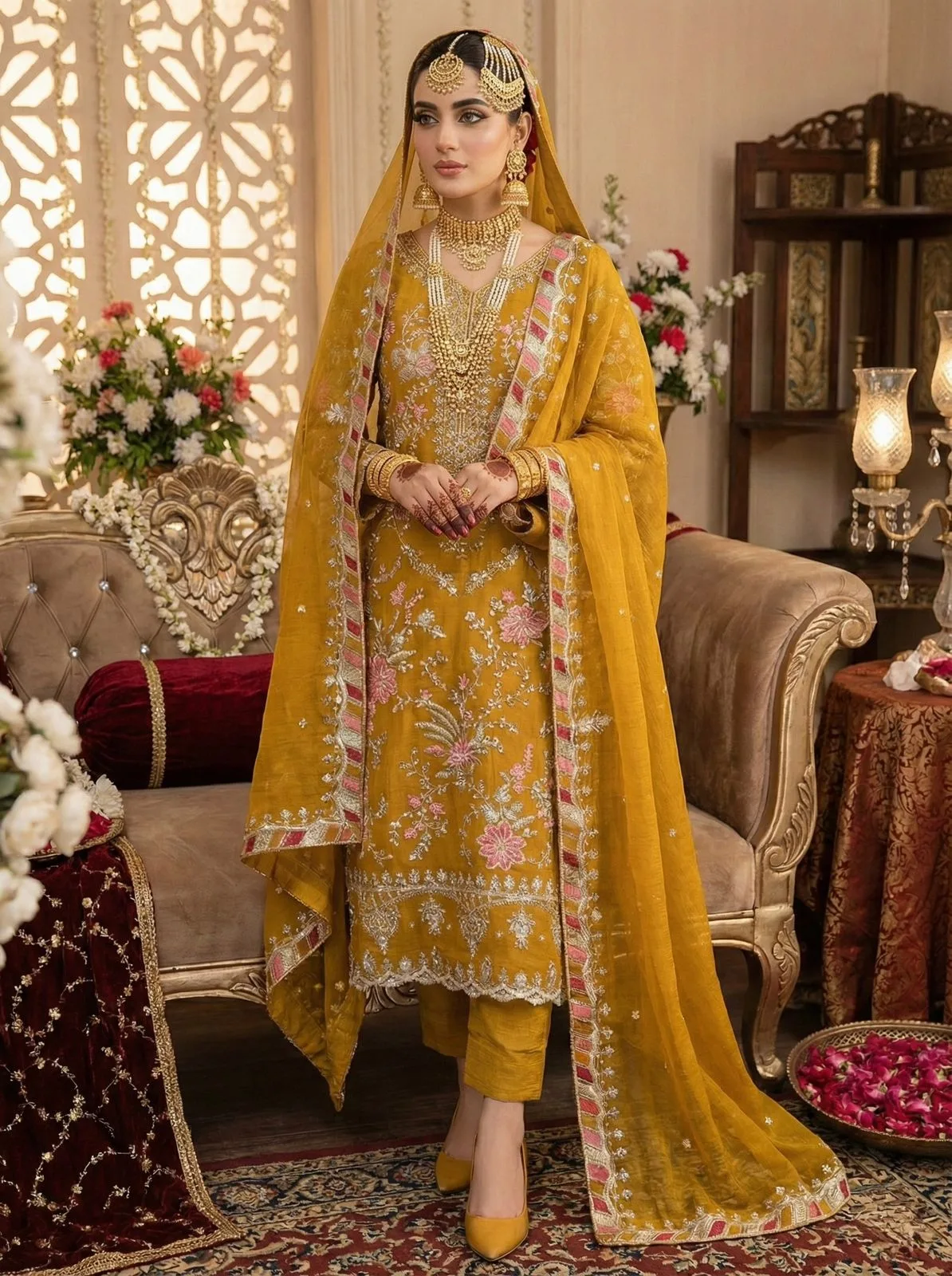 SRK-5321 CRUNCHY SILK Heavy Embroidery Sequence Work Top-Bottom And Dupatta Set - Design Number 1