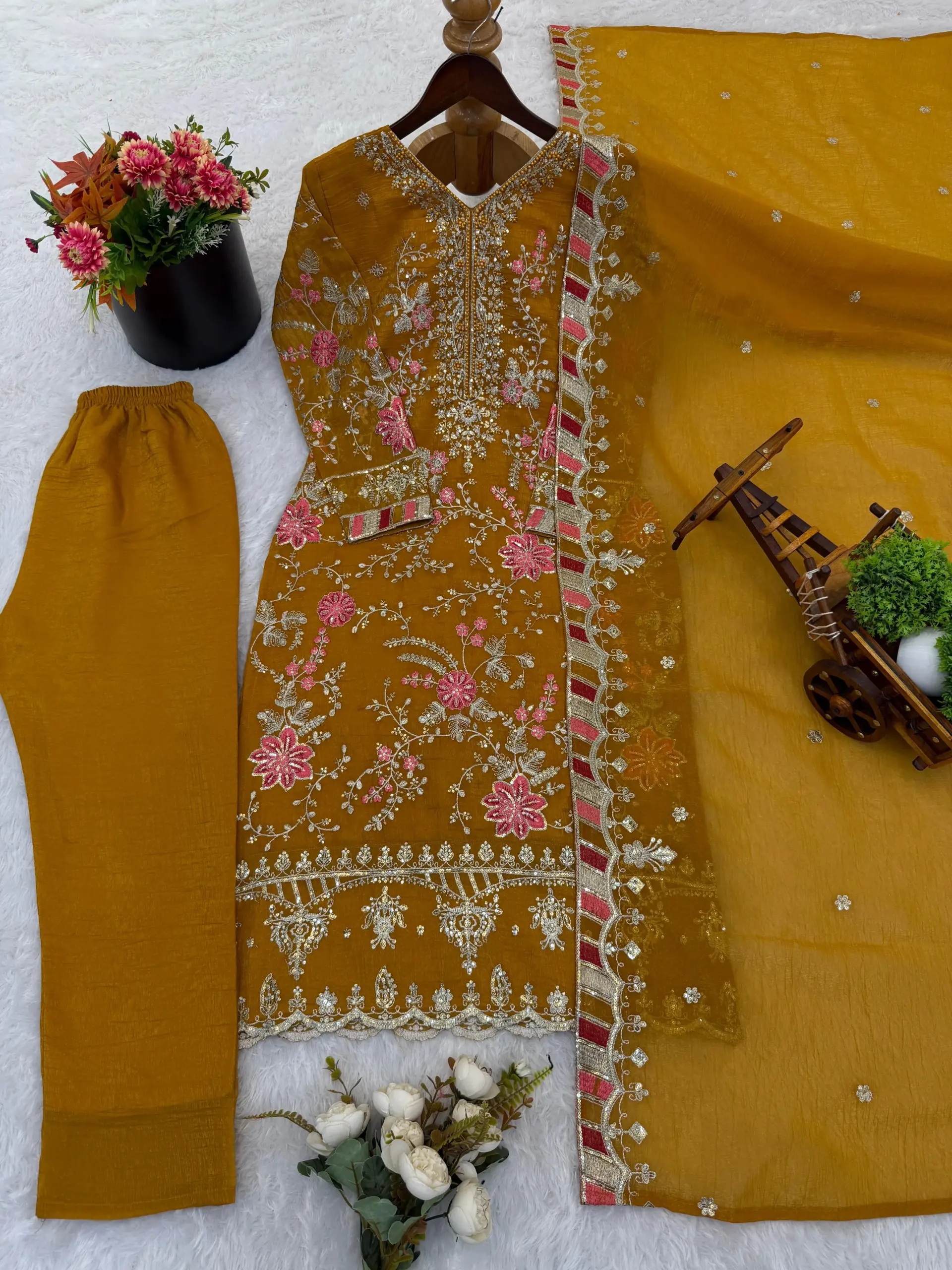 SRK-5321 CRUNCHY SILK Heavy Embroidery Sequence Work Top-Bottom And Dupatta Set - Design Number 4