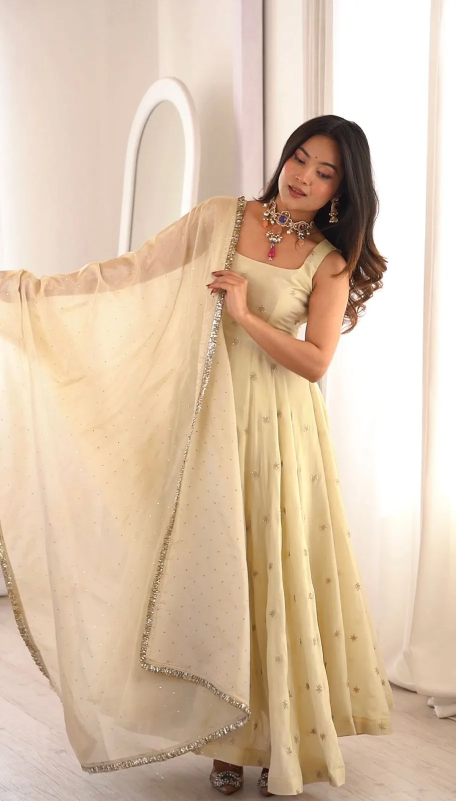 SRK-5325 Cosmos Gold Embroidery Work Gown and Dupatta Set - Design Number 3