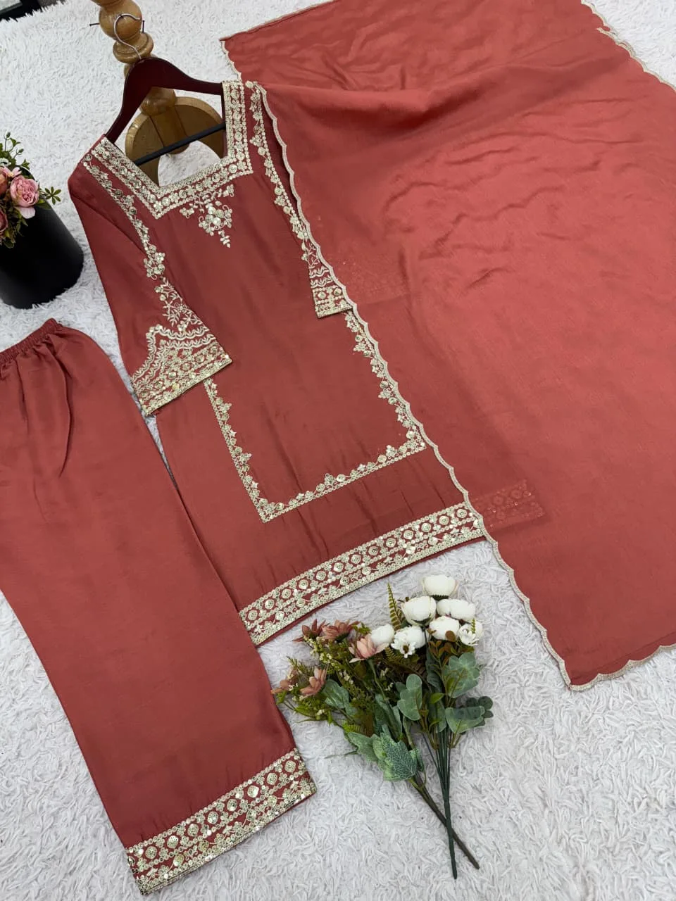 ZSR-3138 German Chiffon Embroidered Top-Bottom And Dupatta Set - Design Number 2