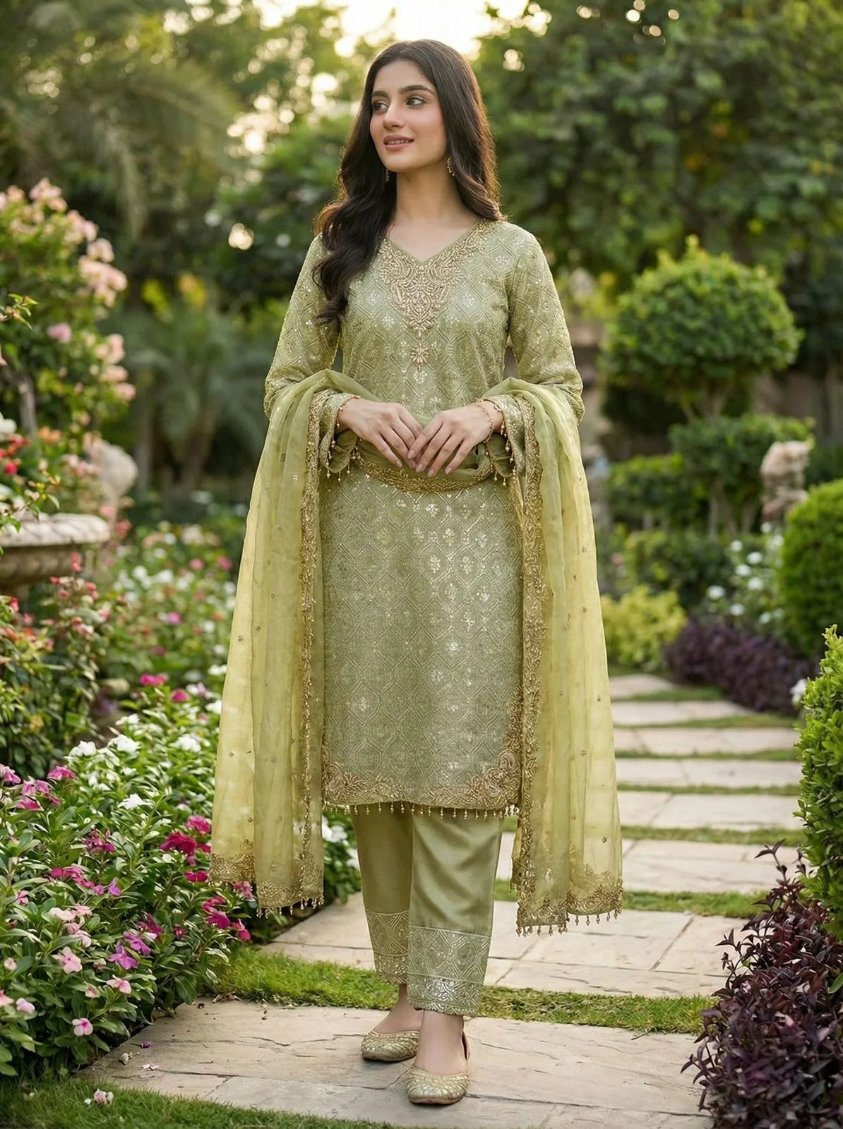 ZSR-3158 GMY SILK Heavy Embroidery Sequence Work Top-Bottom Dupatta Set - Design Number 1