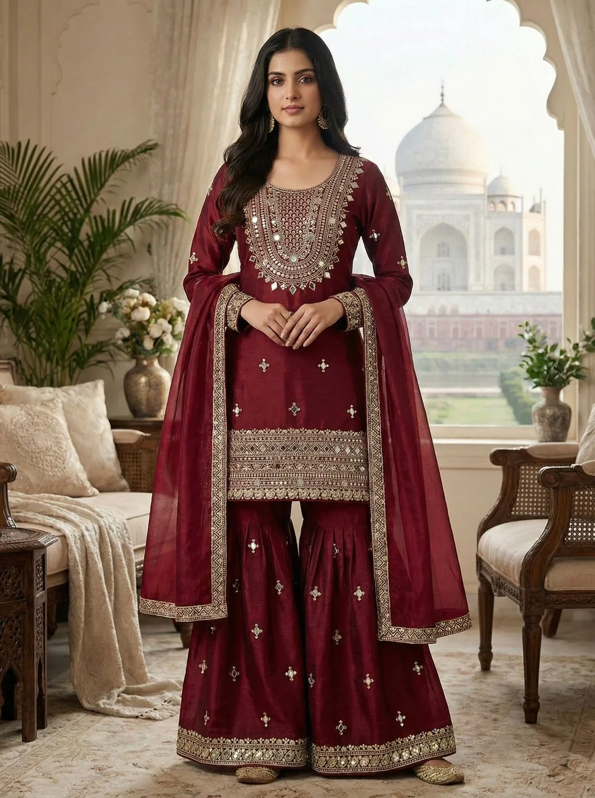 ZSR-3160 GMY SILK Heavy Embroidery Sequence Mirror Work Top-Bottom Dupatta Set - Design Number 3