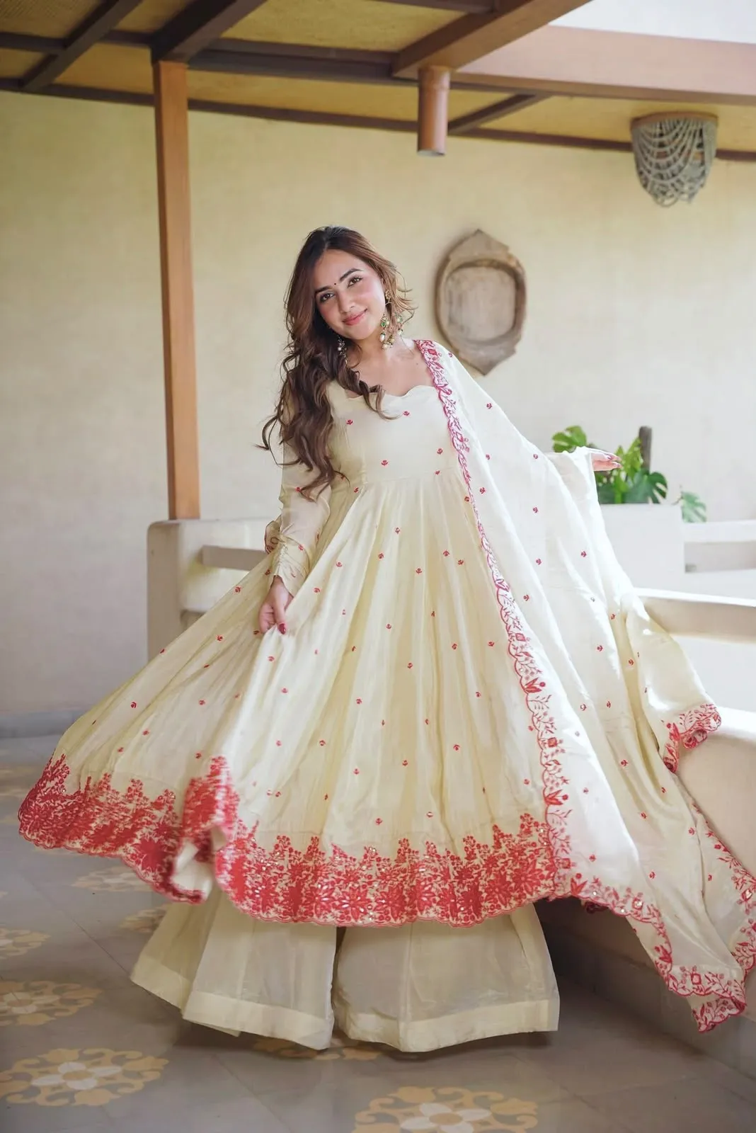 In Dimond Silk With Embroidery Work Gown And Dupatta Set Fully Stitched Ready To Wear Readymade Dress