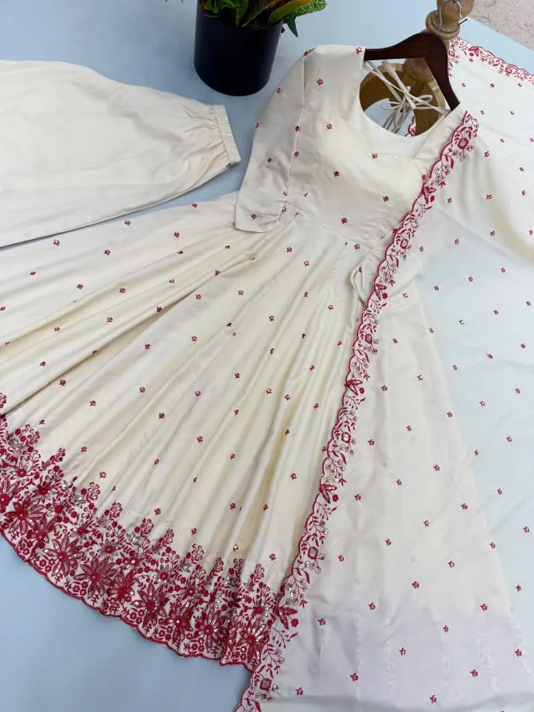 In Dimond Silk With Embroidery Work Gown And Dupatta Set Fully Stitched Ready To Wear Readymade Dress 2