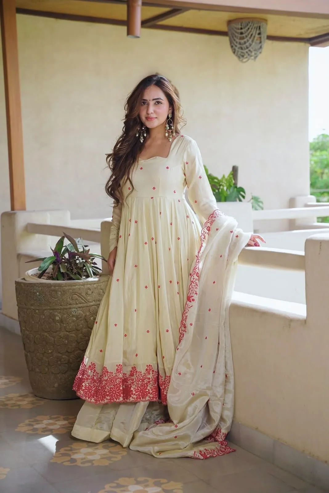 In Dimond Silk With Embroidery Work Gown And Dupatta Set Fully Stitched Ready To Wear Readymade Dress 3