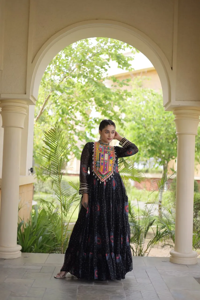 Faux Georgette Bandhani Print Kutchi Patchwork Gown S2026