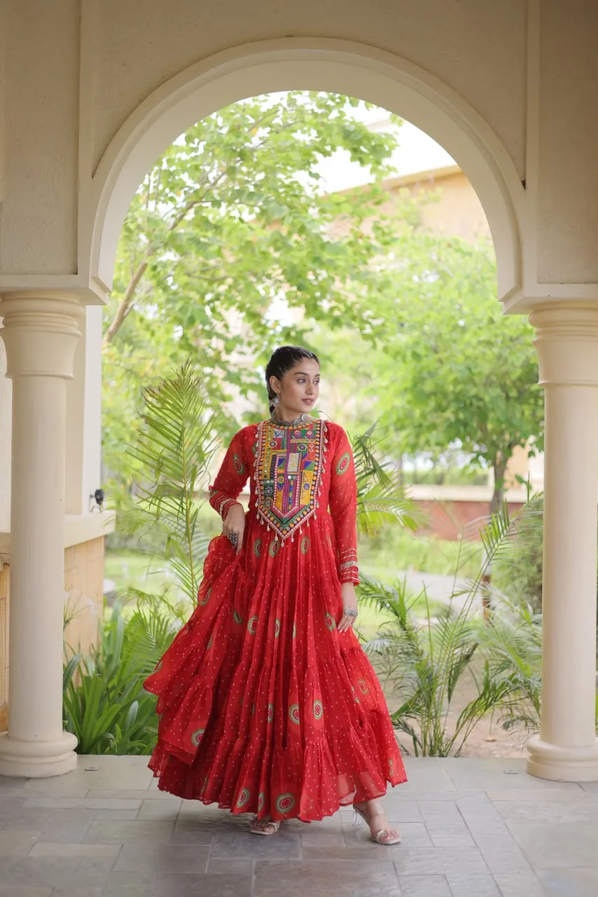 Faux Georgette Bandhani Print Kutchi Patchwork Gown S2026 2