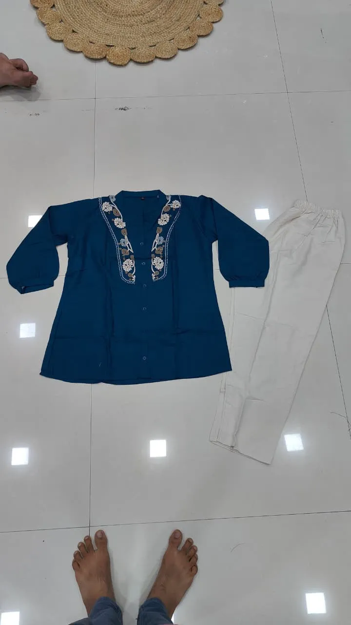 Fvd 7Star Chiku Rayon Slub With Embroidery Work Kurti Pant Set 8