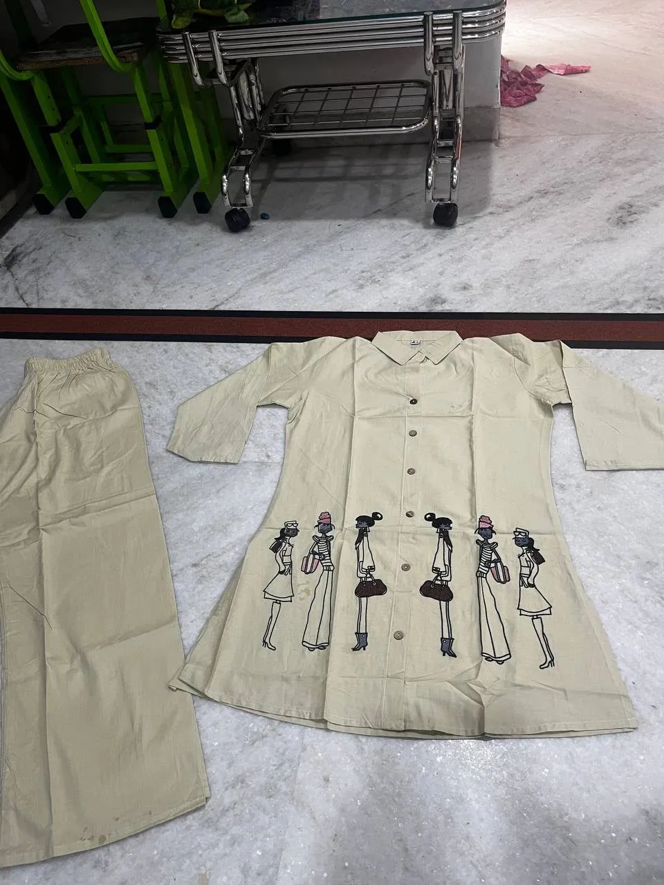 Fvd Taj Vol Dark Cream Dhabu Cotton With Embroidery Work Kurti Pant Set 8