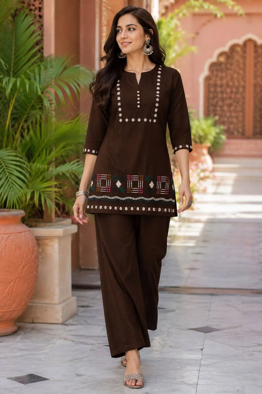 Fvd Tajmahal Brown Dhabu Cotton Kurti Pant Set