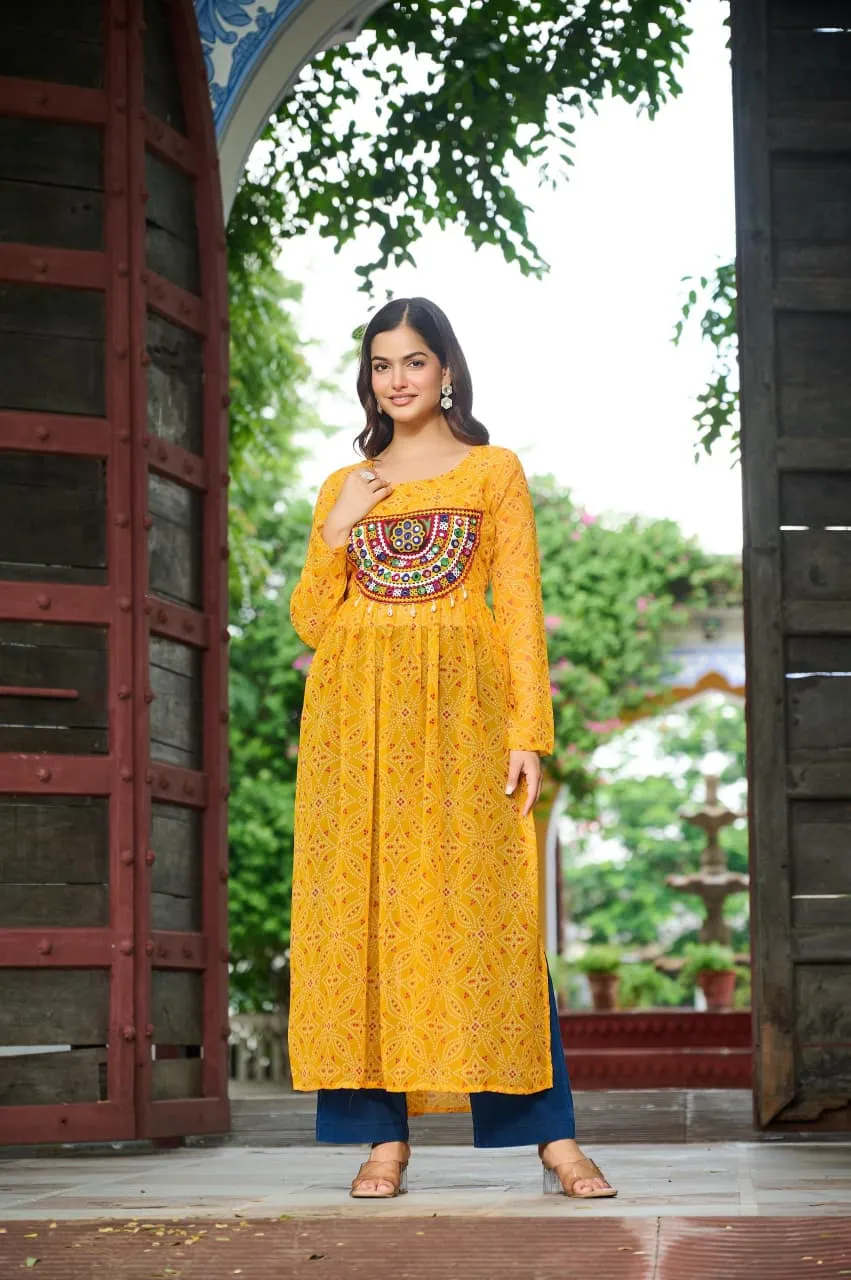 S 2025 Lw 9266 Bandhej Print Work With Kutchi Patch Work In Faux Georgette Kurtis