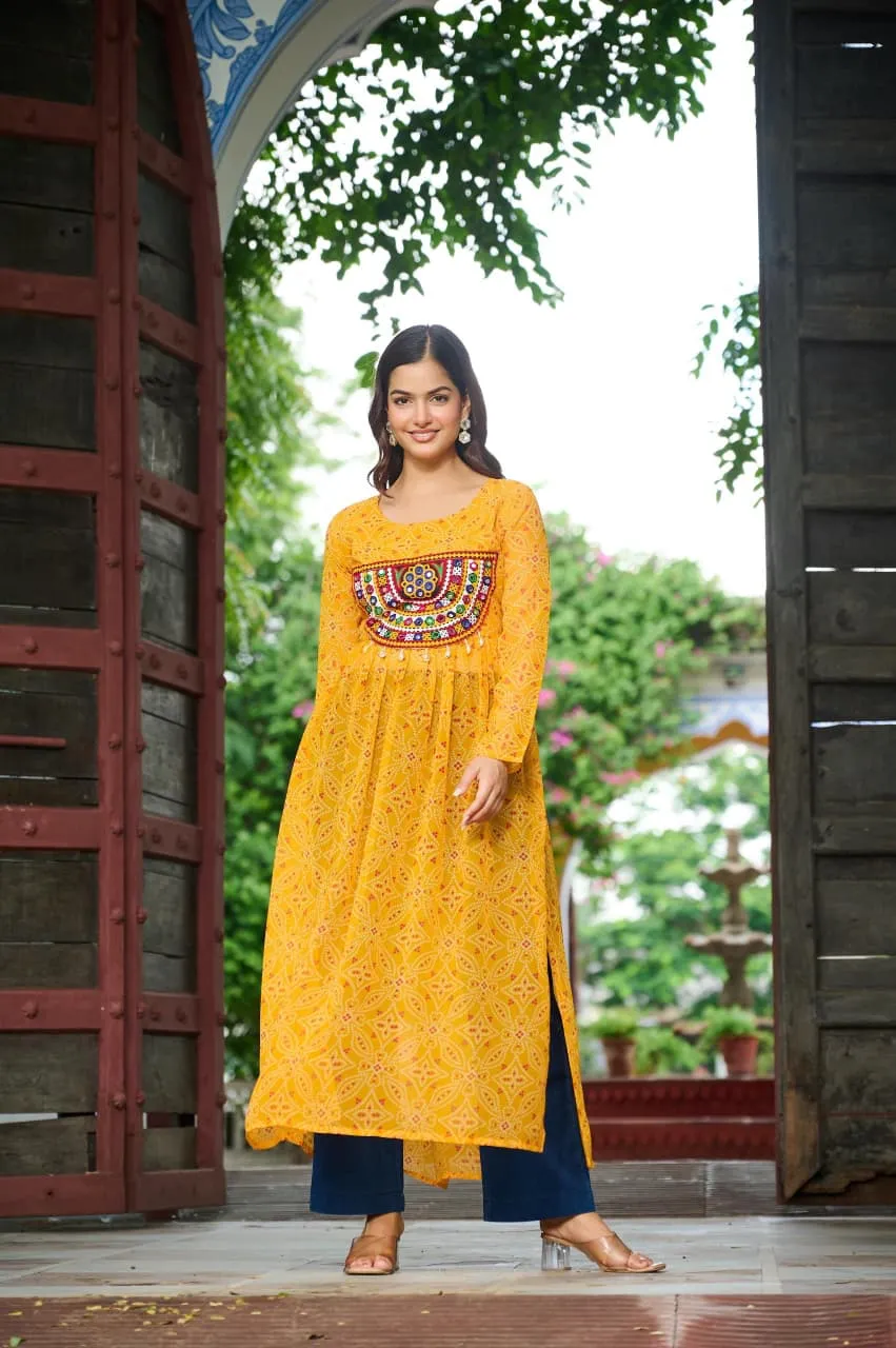 S 2025 Lw 9266 Bandhej Print Work With Kutchi Patch Work In Faux Georgette Kurtis 4