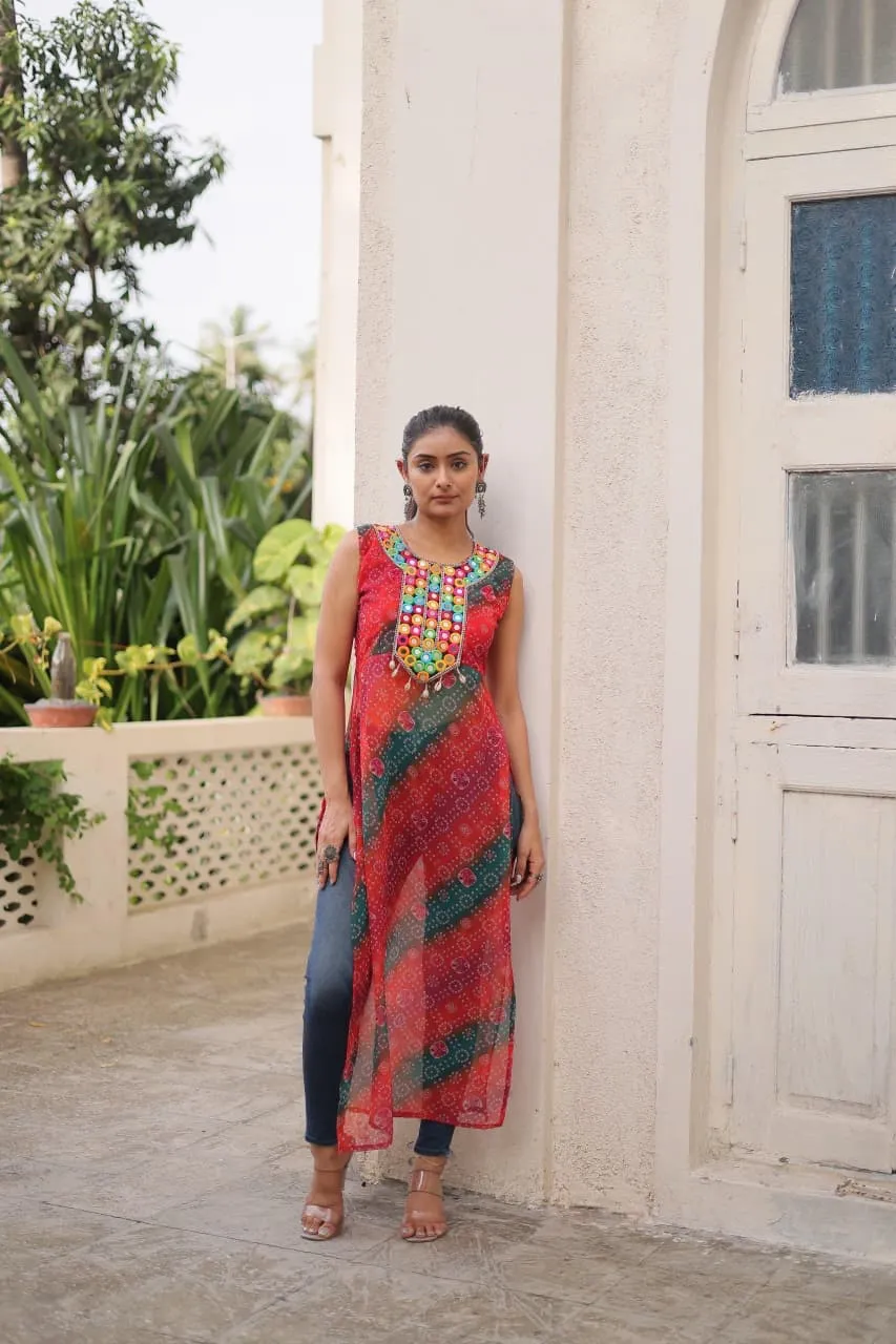 S 2025 Lw 9267 Bandhej Printed Georgette With Kutchi Gamthi Mirror &amp; Codi Lace Work Kurtis