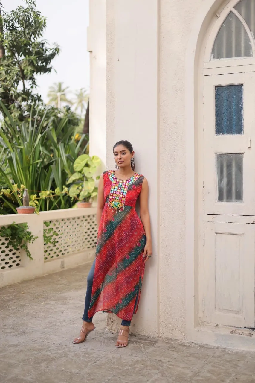 S 2025 Lw 9267 Bandhej Printed Georgette With Kutchi Gamthi Mirror &amp; Codi Lace Work Kurtis 2