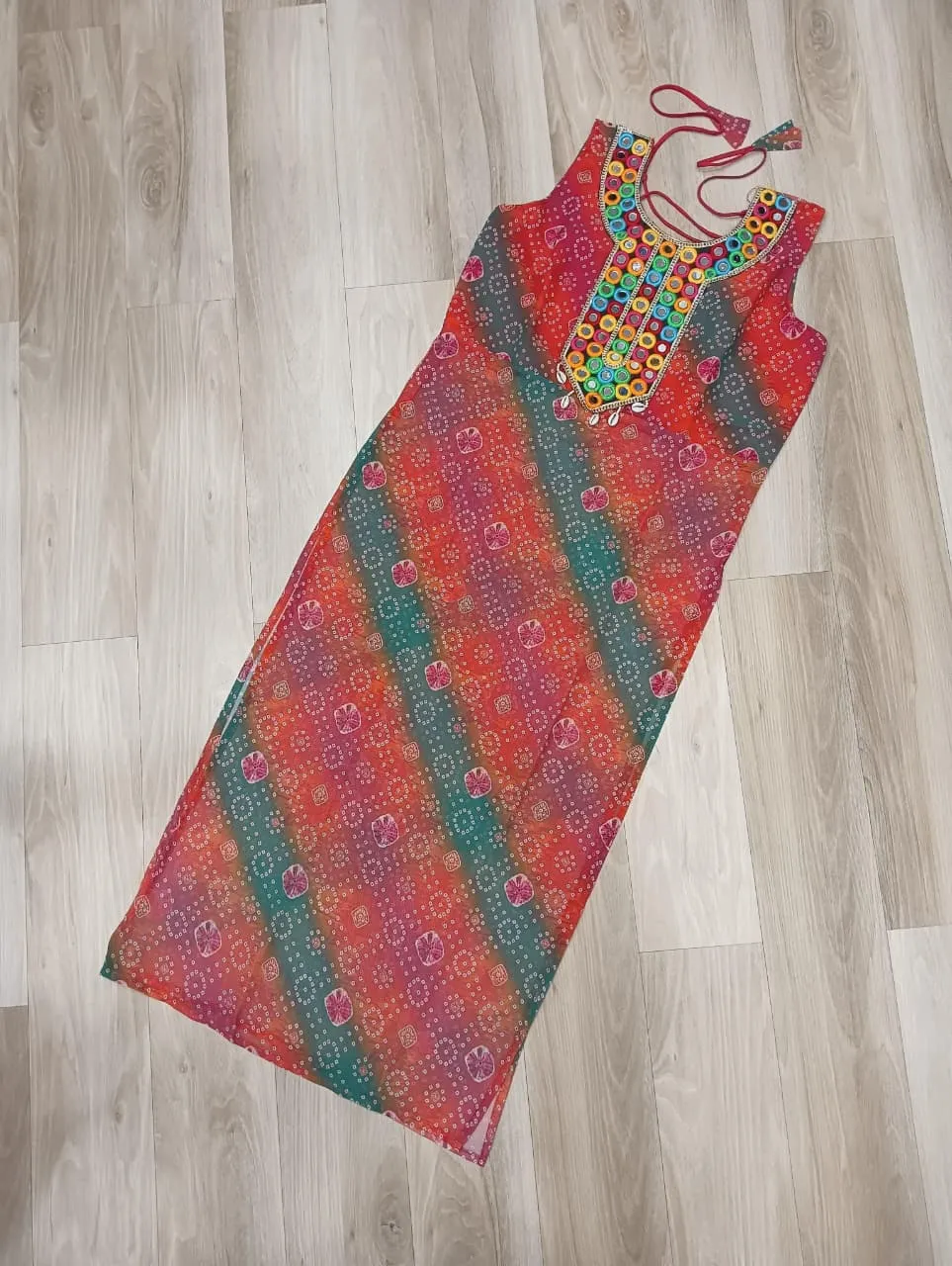 S 2025 Lw 9267 Bandhej Printed Georgette With Kutchi Gamthi Mirror &amp; Codi Lace Work Kurtis 3