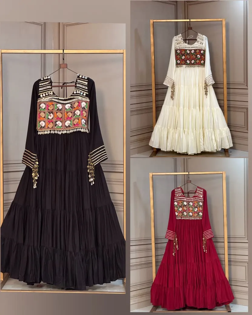 S 2026 Lw 9344 14 Kg Reyon With Kutchi Gamthi Thread Embroidered & Mirror Work & Fancy Dori Latkan Gown