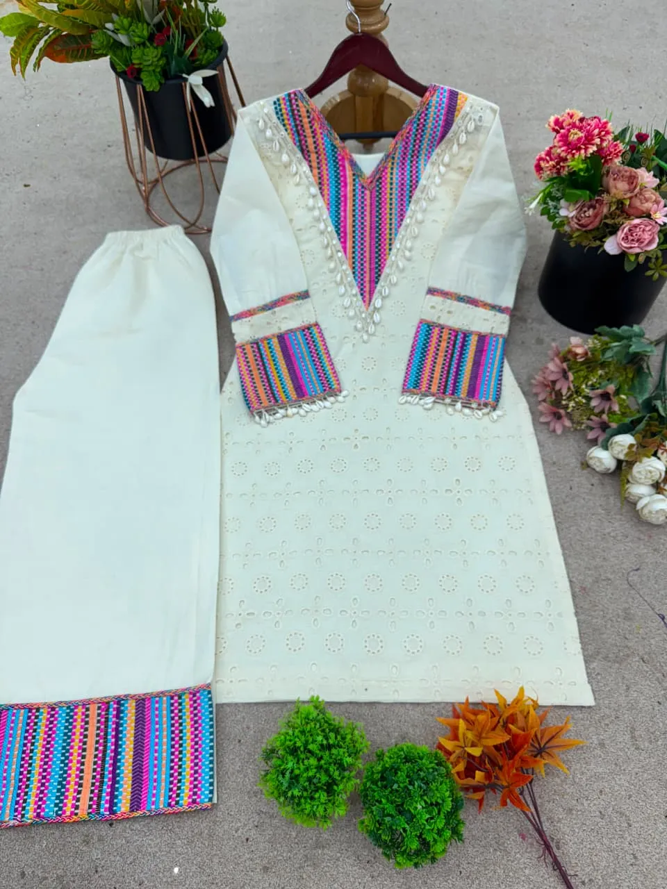 Sr 1683 Pure Khadi Cotton With Schiffli Work With Thread Work Readymade Dress 3