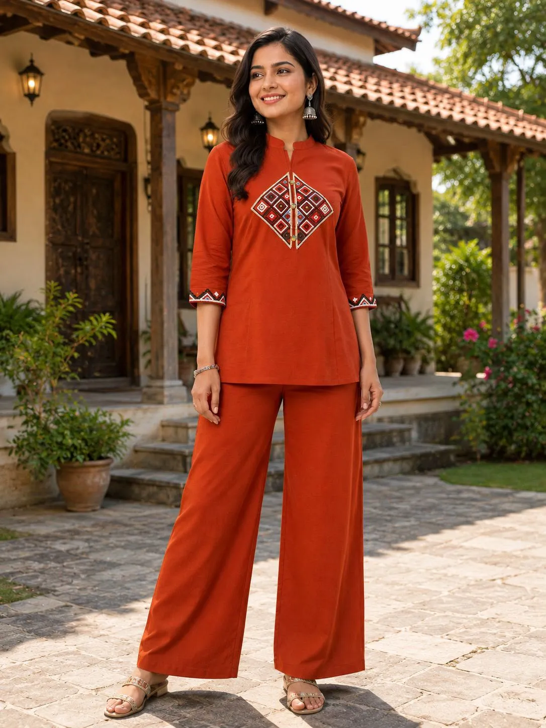 FVD Siqndar Rust Dhabu Cotton Kurti Pant Set