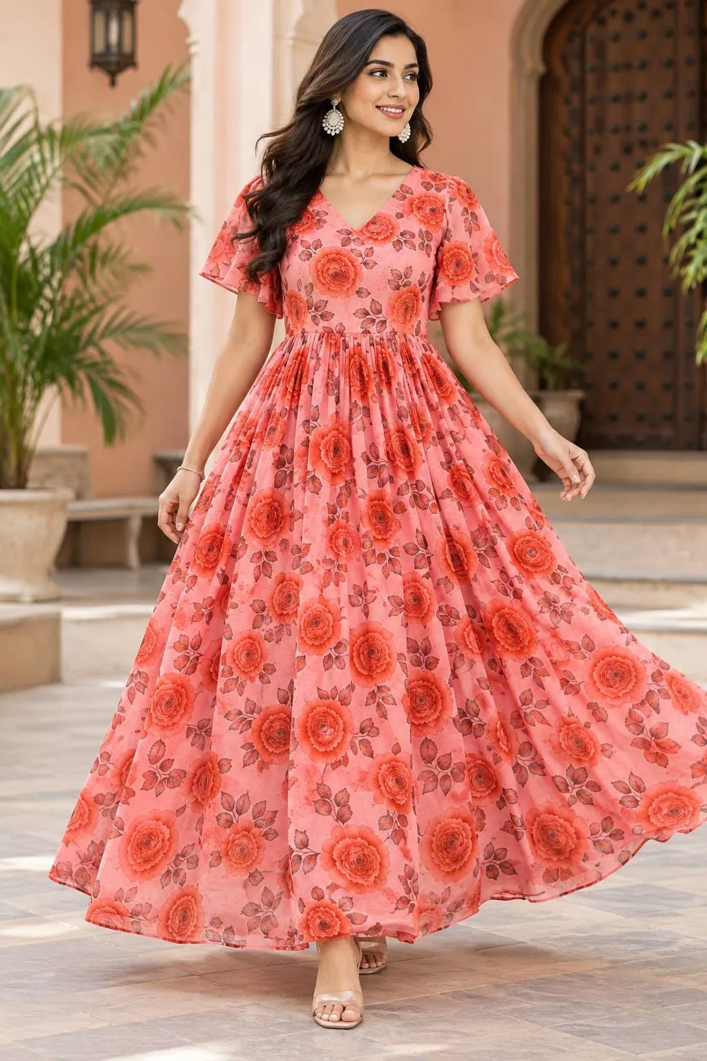 Orange Frorenza Faux Georgette Gown 1